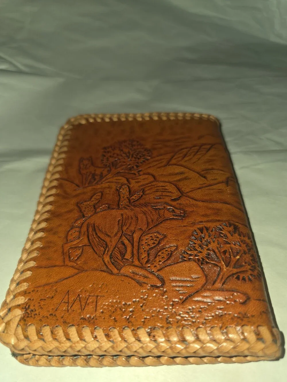 Handcrafted Tooled Leather Wallet-Brown With Tan Stitching.Engraved Bear& Wolves